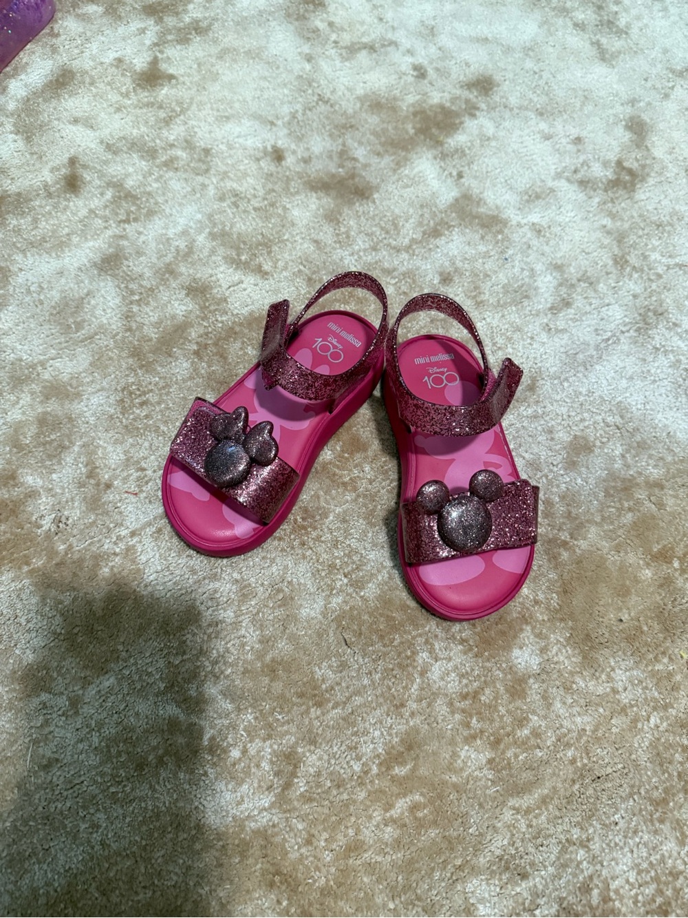 Mini Melissa Pink Glitter Kids Sandals with Character Accent